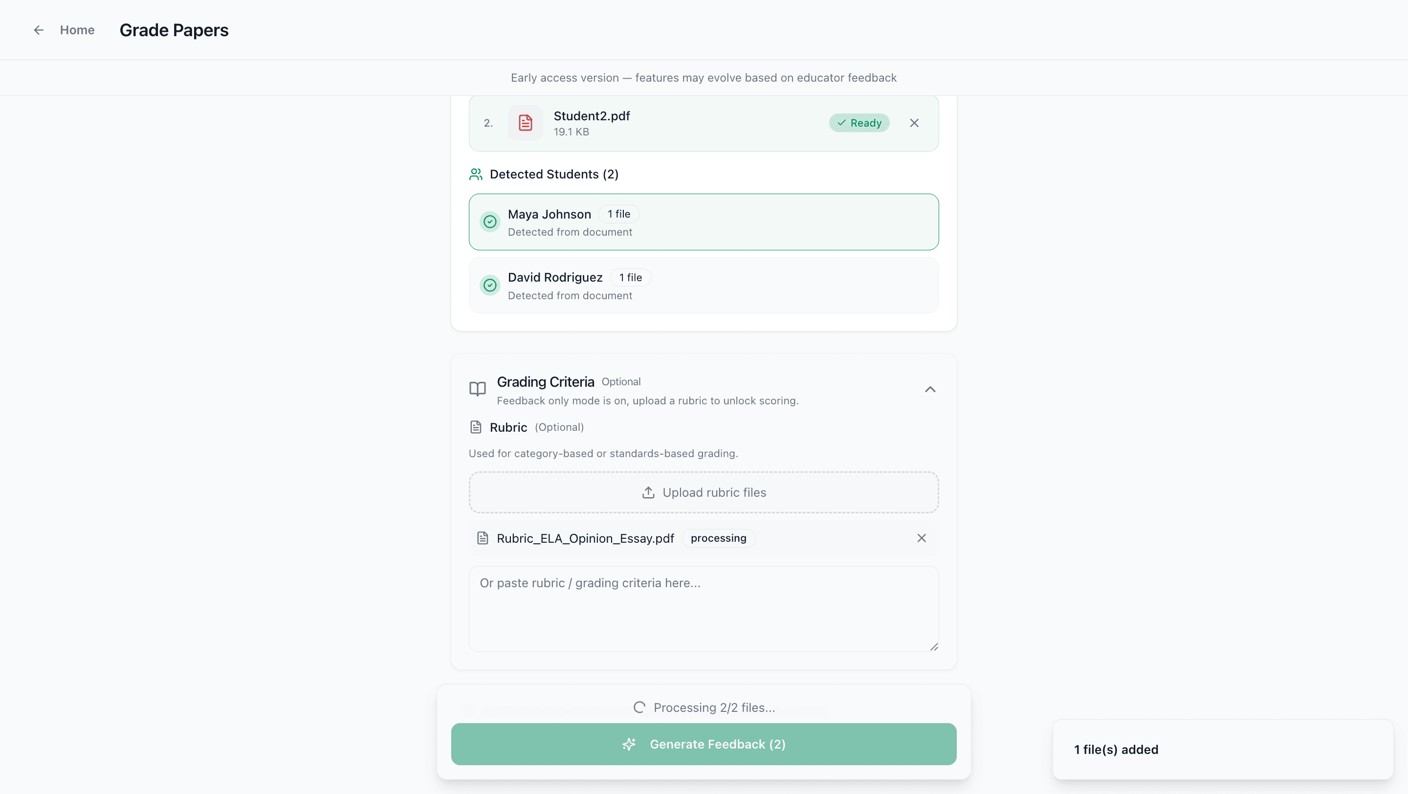 Rubric definition panel with upload and processing state