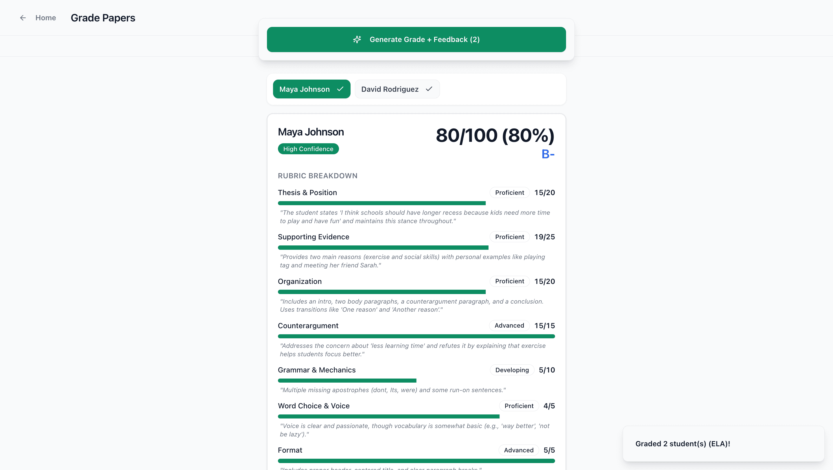 Generated rubric breakdown and grading feedback review screen