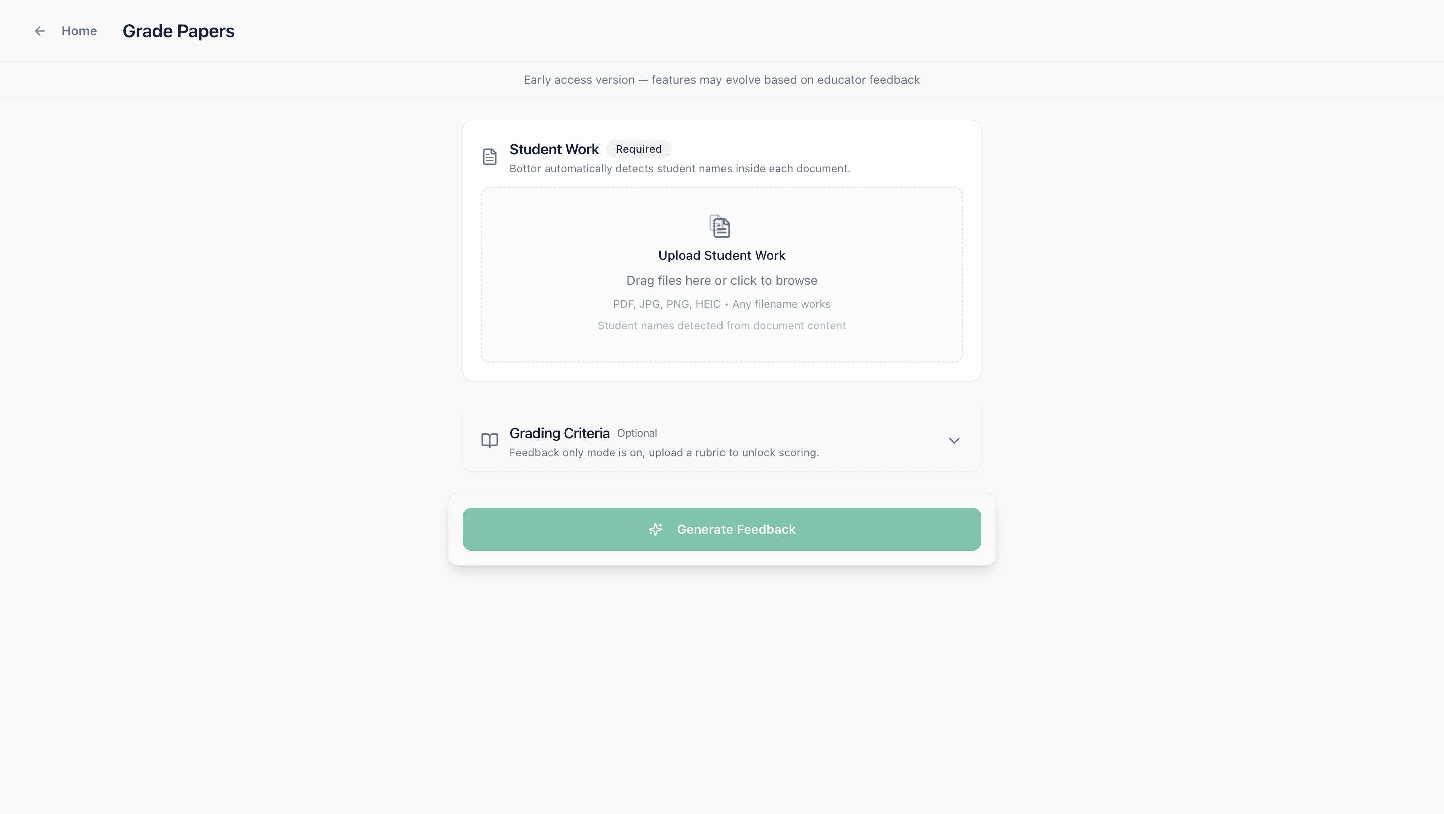 Student upload panel and generate feedback entry point